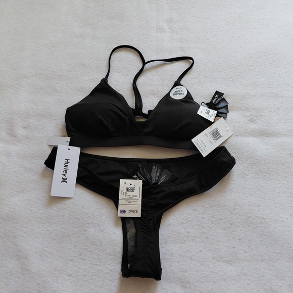Hurley Other - Hurley Black 2 Piece Bikini Set Large Triangle Top Skimpy Bottom Support NWT